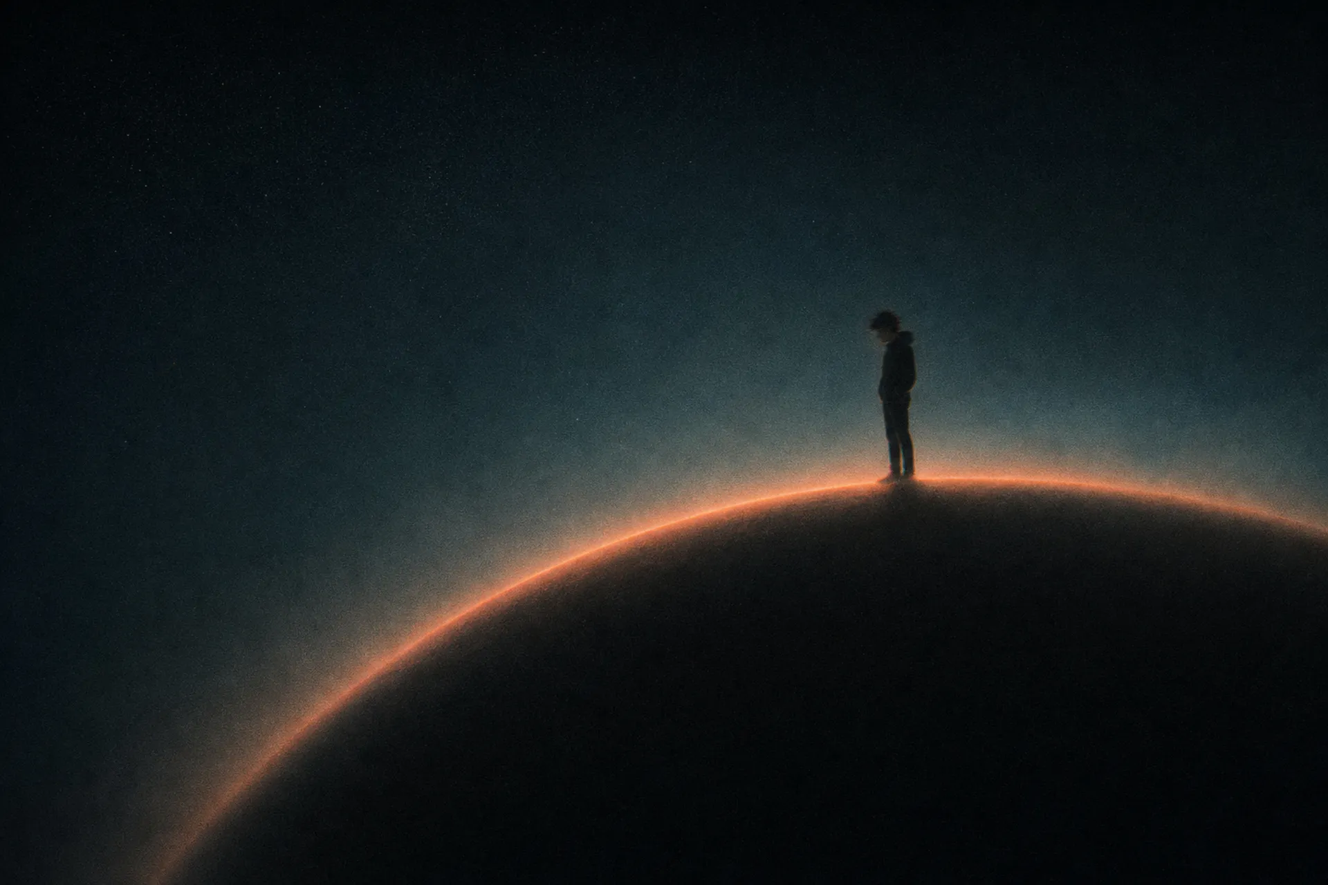 OnlyRodas, tiny, standing on the curve of a dark planet with an orange-lit rim