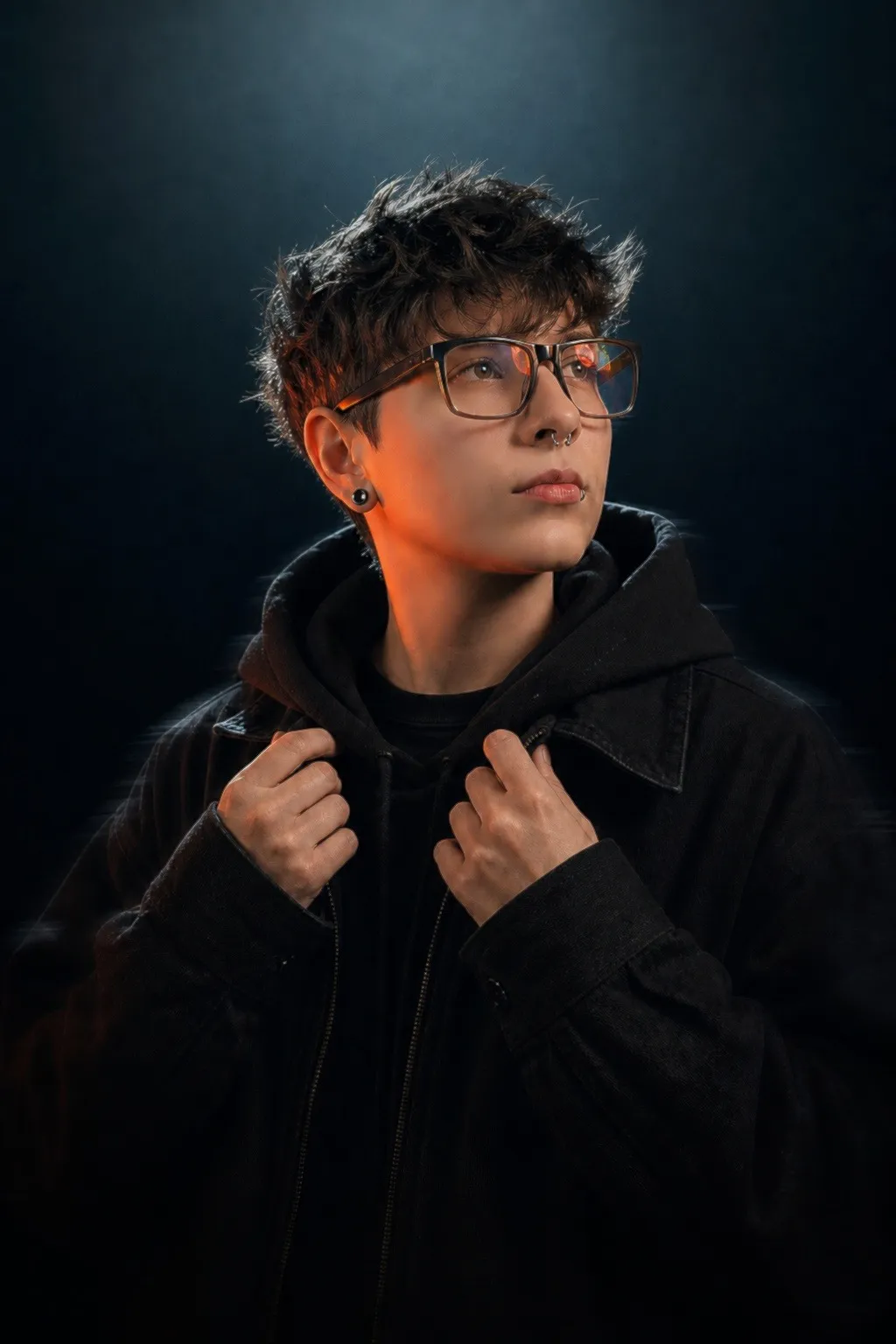 OnlyRodas, Design Engineer, holding the collar of her jacket, with an orange light on her face